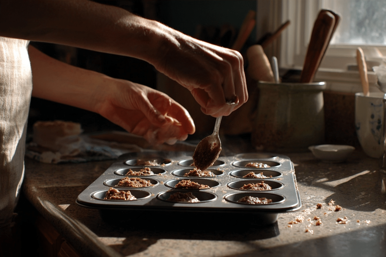 batter being spooned into mini muffin tin