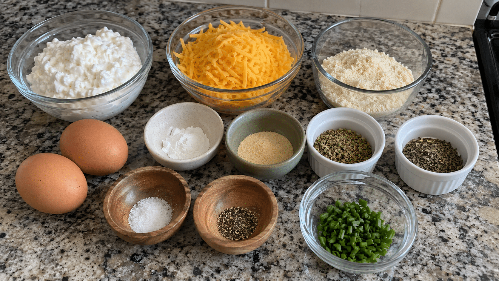 Cottage Cheese Bread Ingredients measured ingredients for cottage cheese bread in small bowls