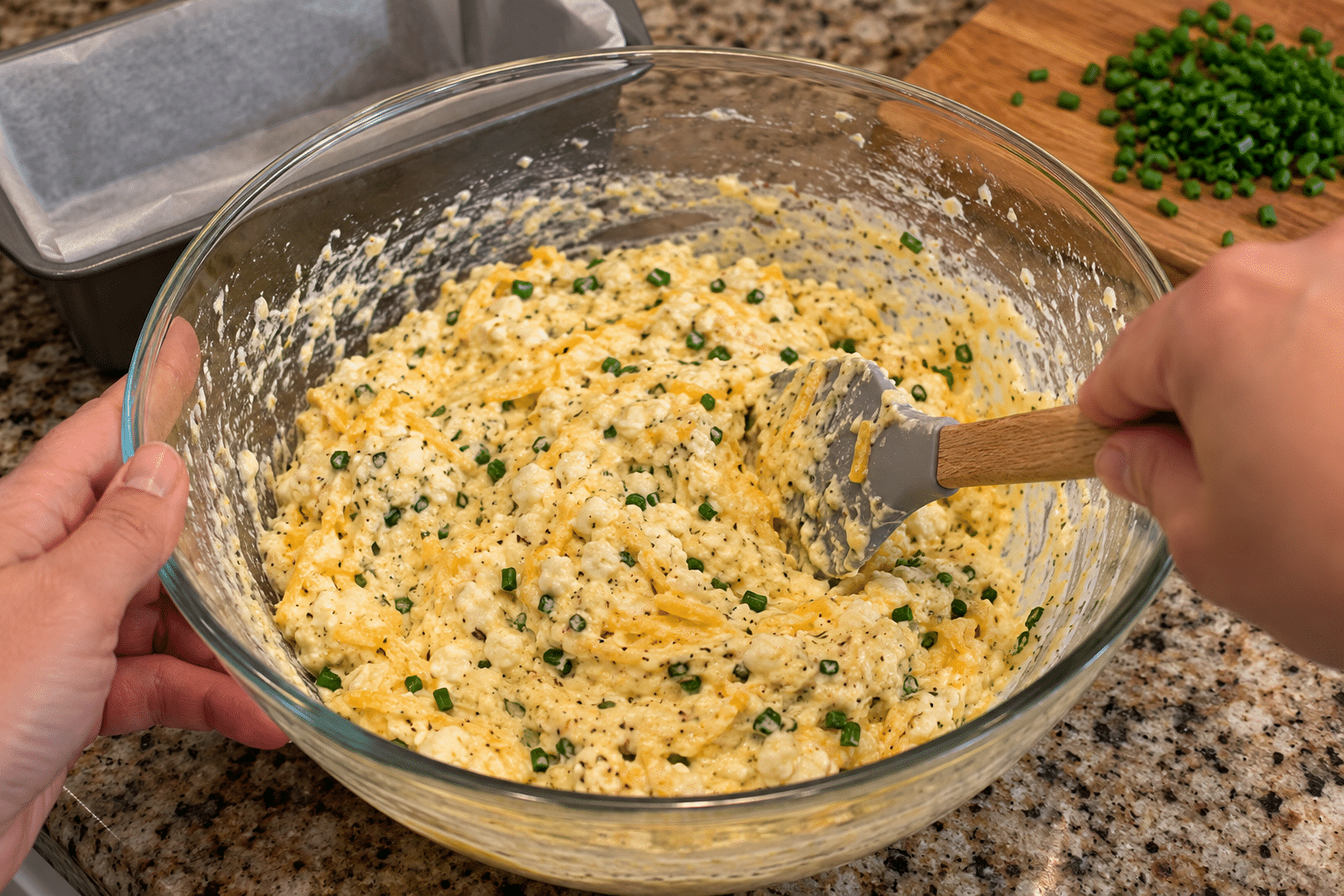 Cottage Cheese Bread Batter batter poured into loaf pan before baking cottage cheese bread