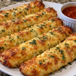 3-Ingredient Cottage Cheese Breadsticks Recipe 2 golden cottage cheese breadsticks on parchment