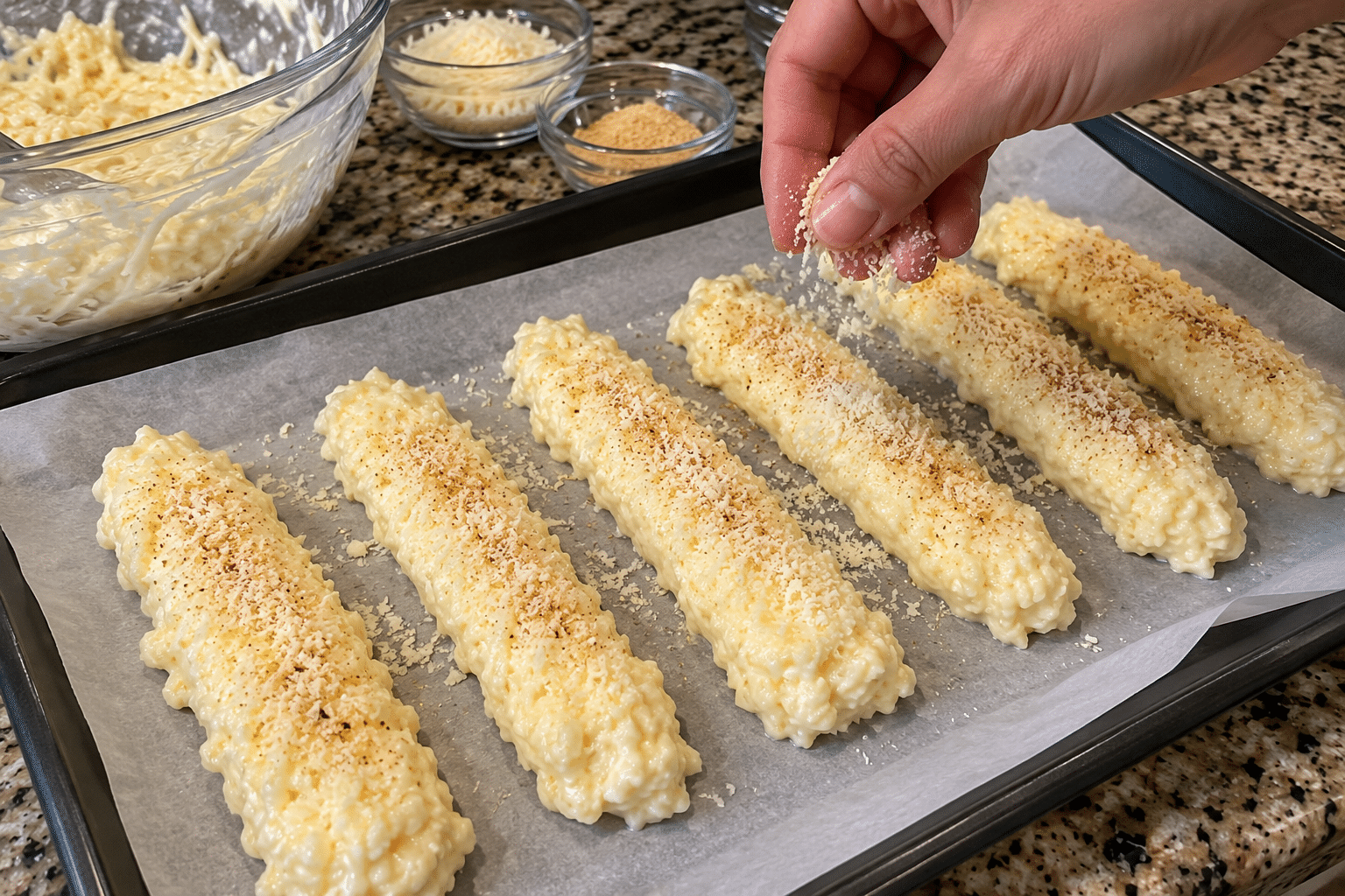 Shaping the Breadsticks piping cottage cheese breadsticks onto baking sheet