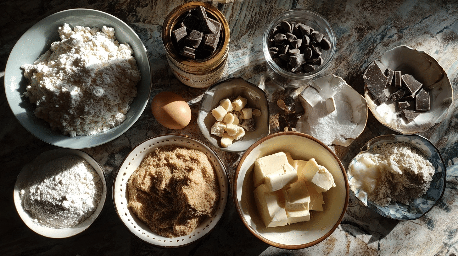 Cottage Cheese Cookie Ingredients measured ingredients for cottage cheese cookies on marble counter