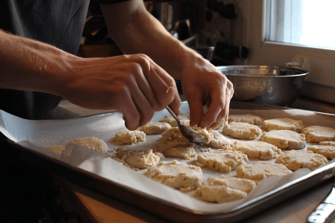 Shaping Cottage Cheese Cookies cookie dough scooped onto parchment-lined baking sheet