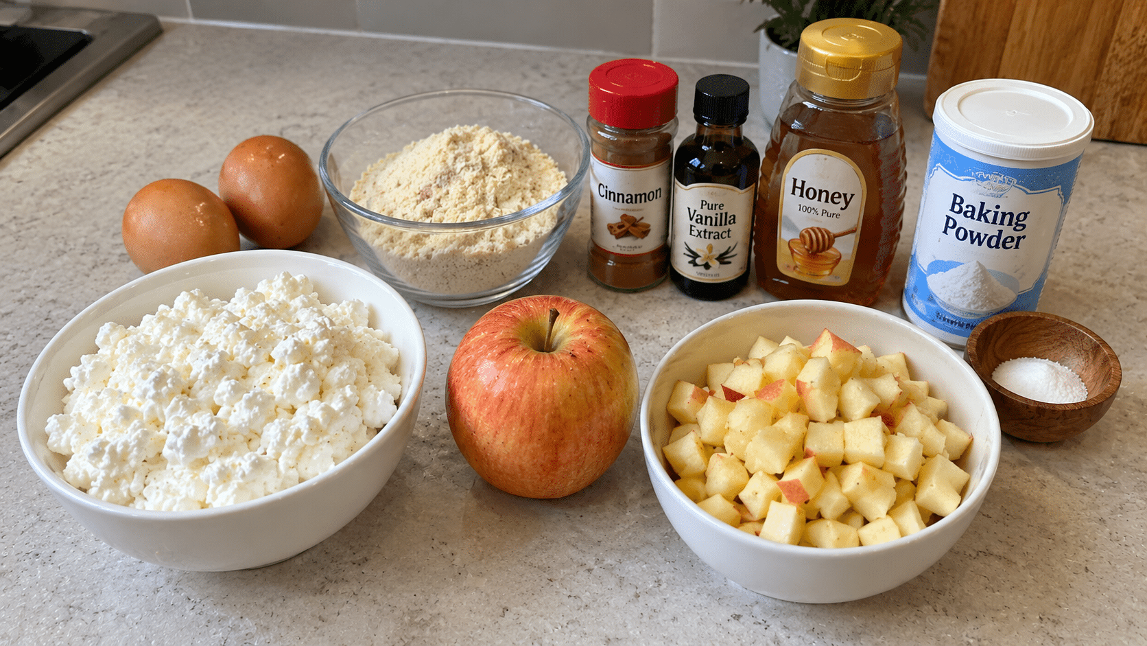 Ingredients for cottage cheese muffins laid out on a marble counter
