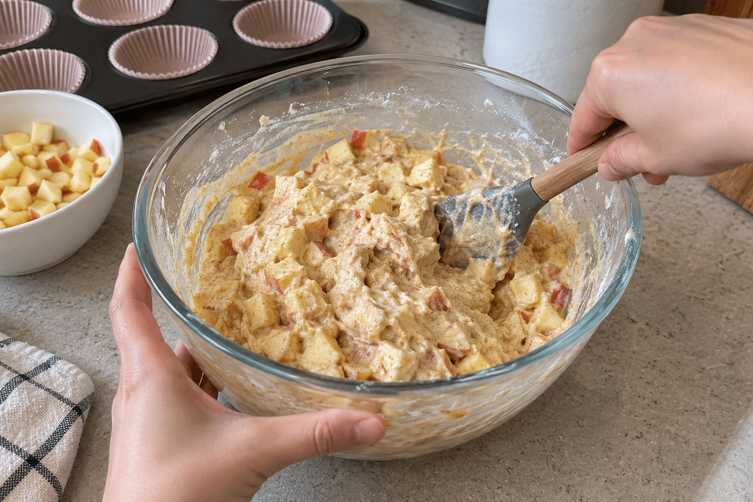 Spooning cottage cheese muffin batter into silicone muffin cups