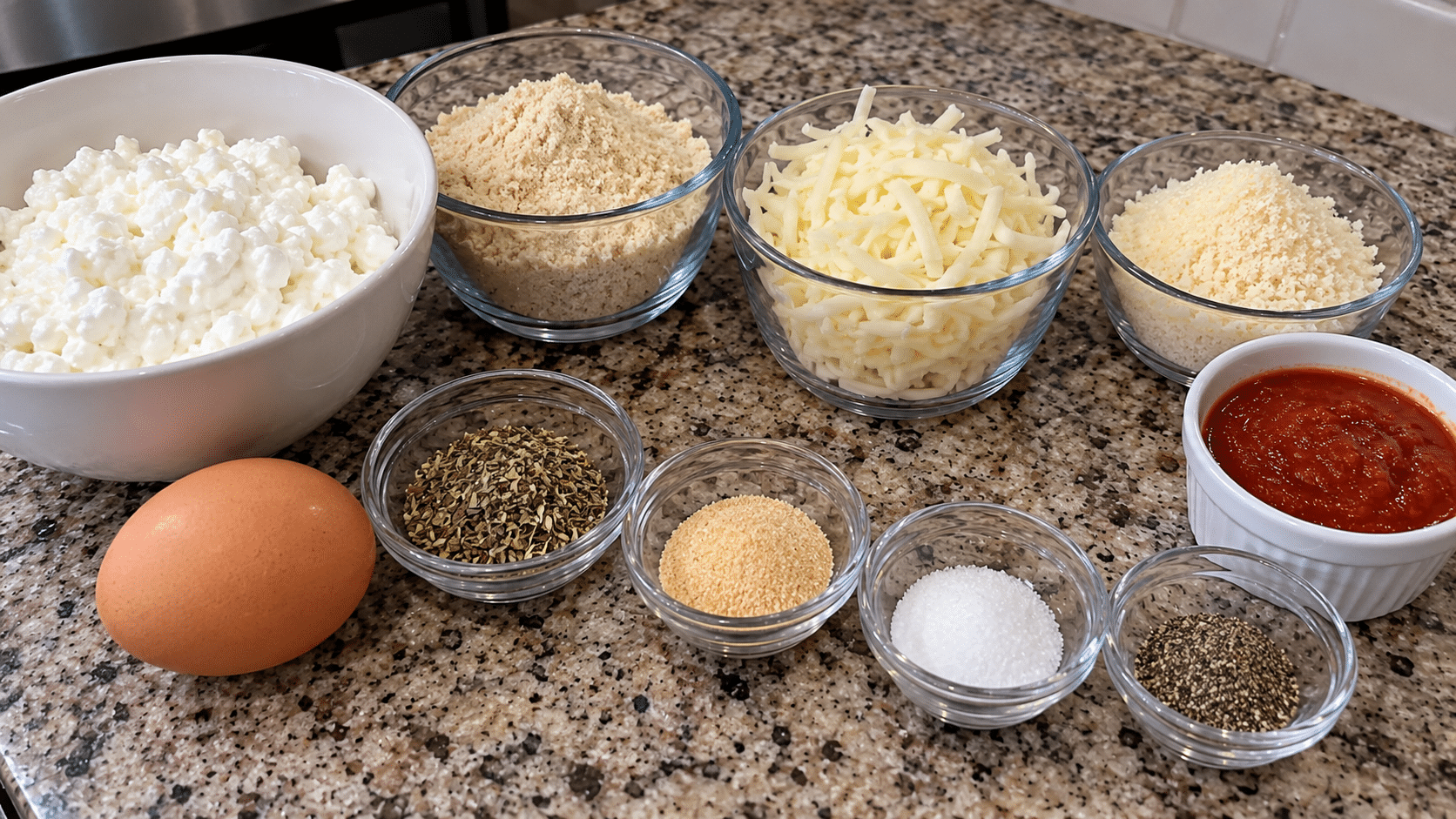 measured ingredients for cottage cheese pizza shards