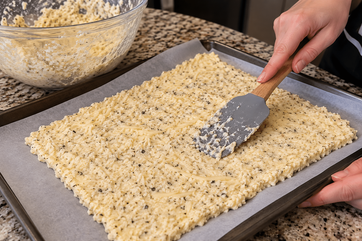 spreading cottage cheese pizza mixture on baking sheet