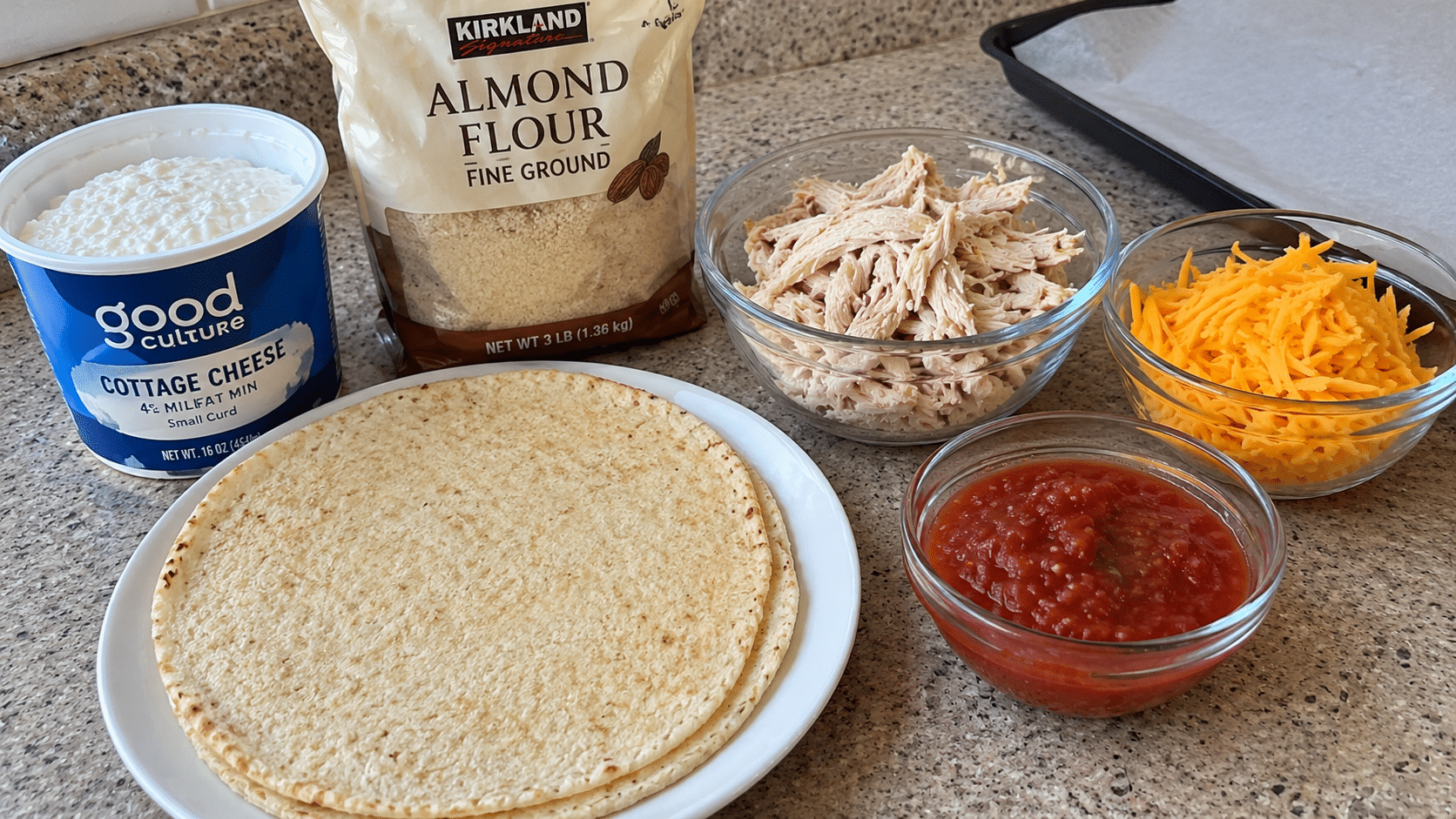 Two Simple Ingredients Cottage cheese and almond flour measured for cottage cheese wraps