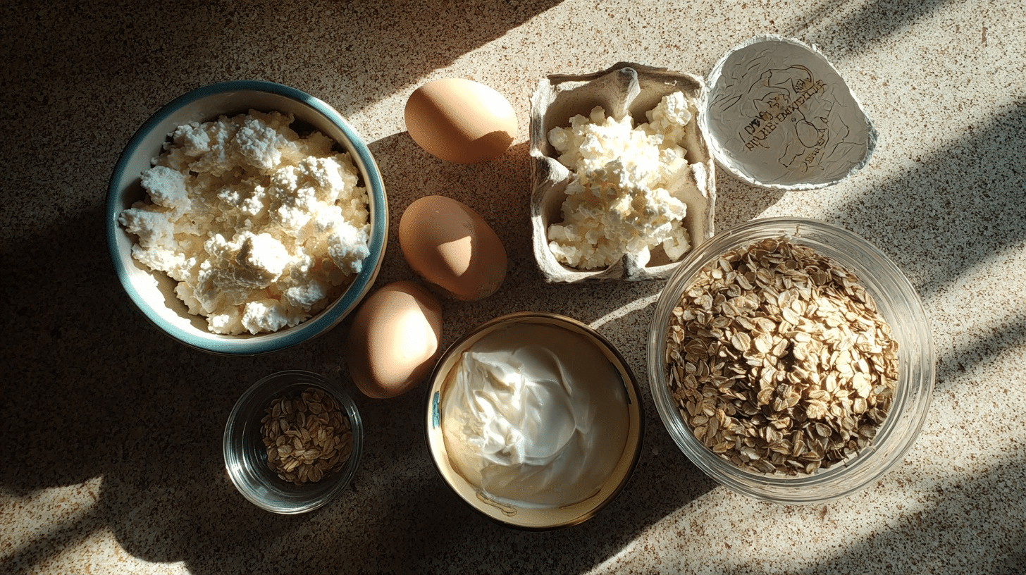 measured ingredients for cottage pancakes: cottage cheese, eggs, and rolled oats in bowls