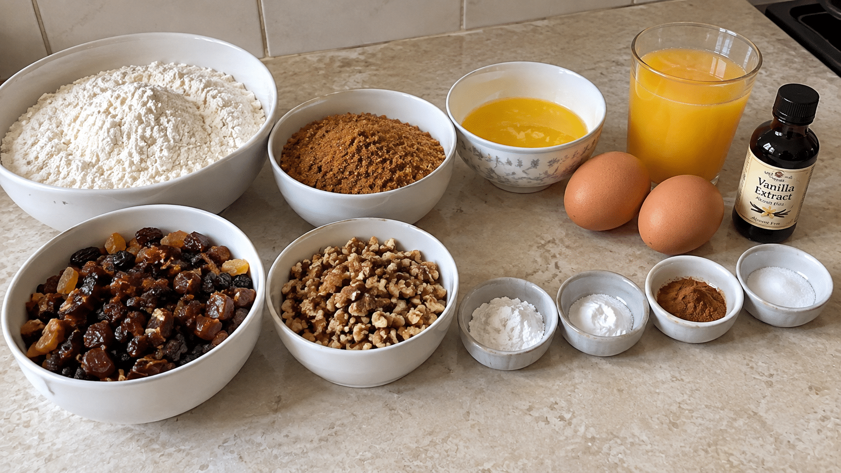 measured ingredients for fruit cake
