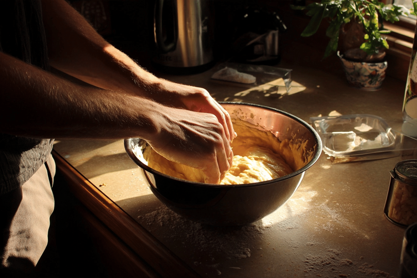 pouring yogurt pancake batter into a hot pan